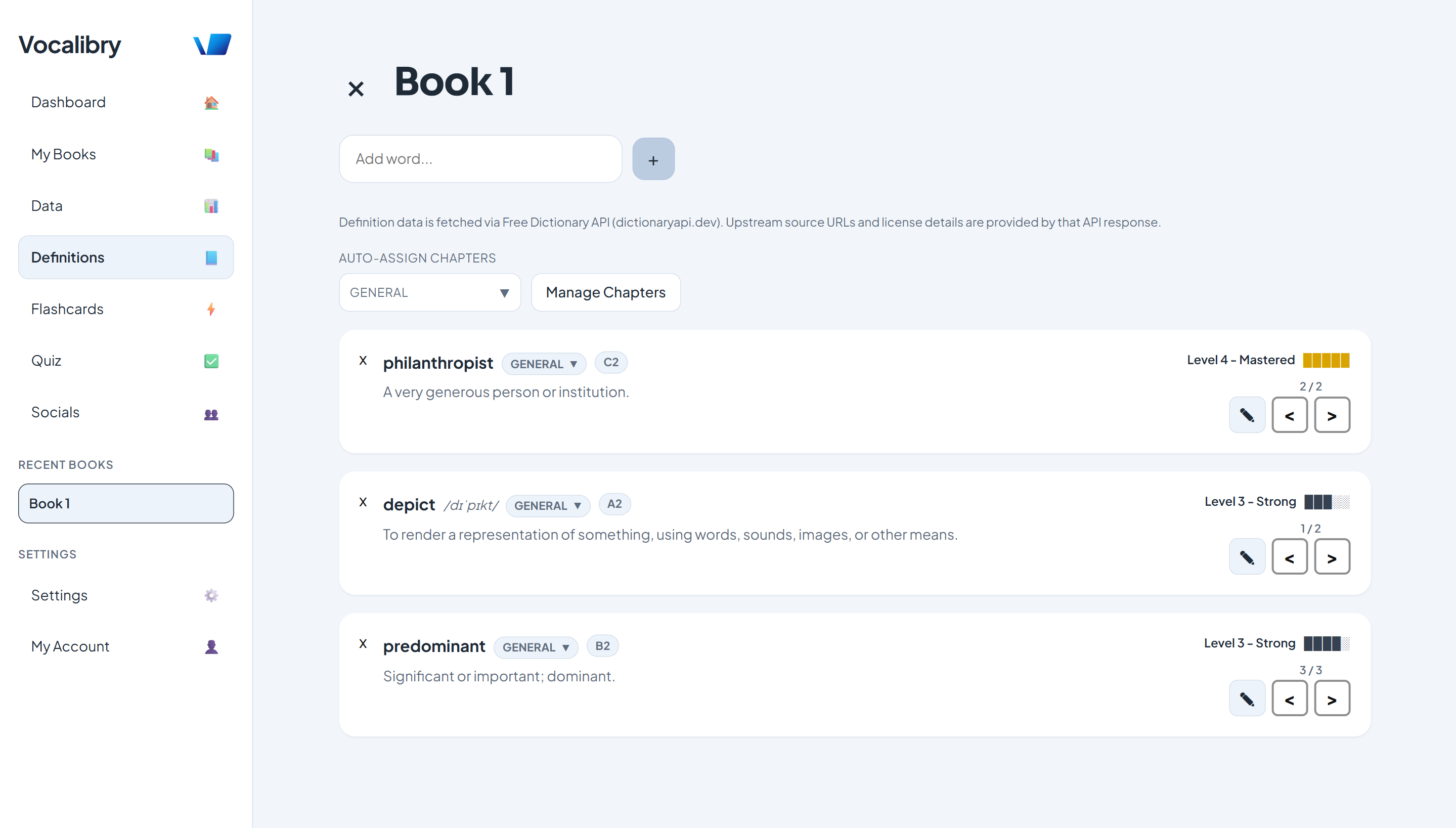 Vocalibry app interface showing book-based vocabulary organization and review tools
